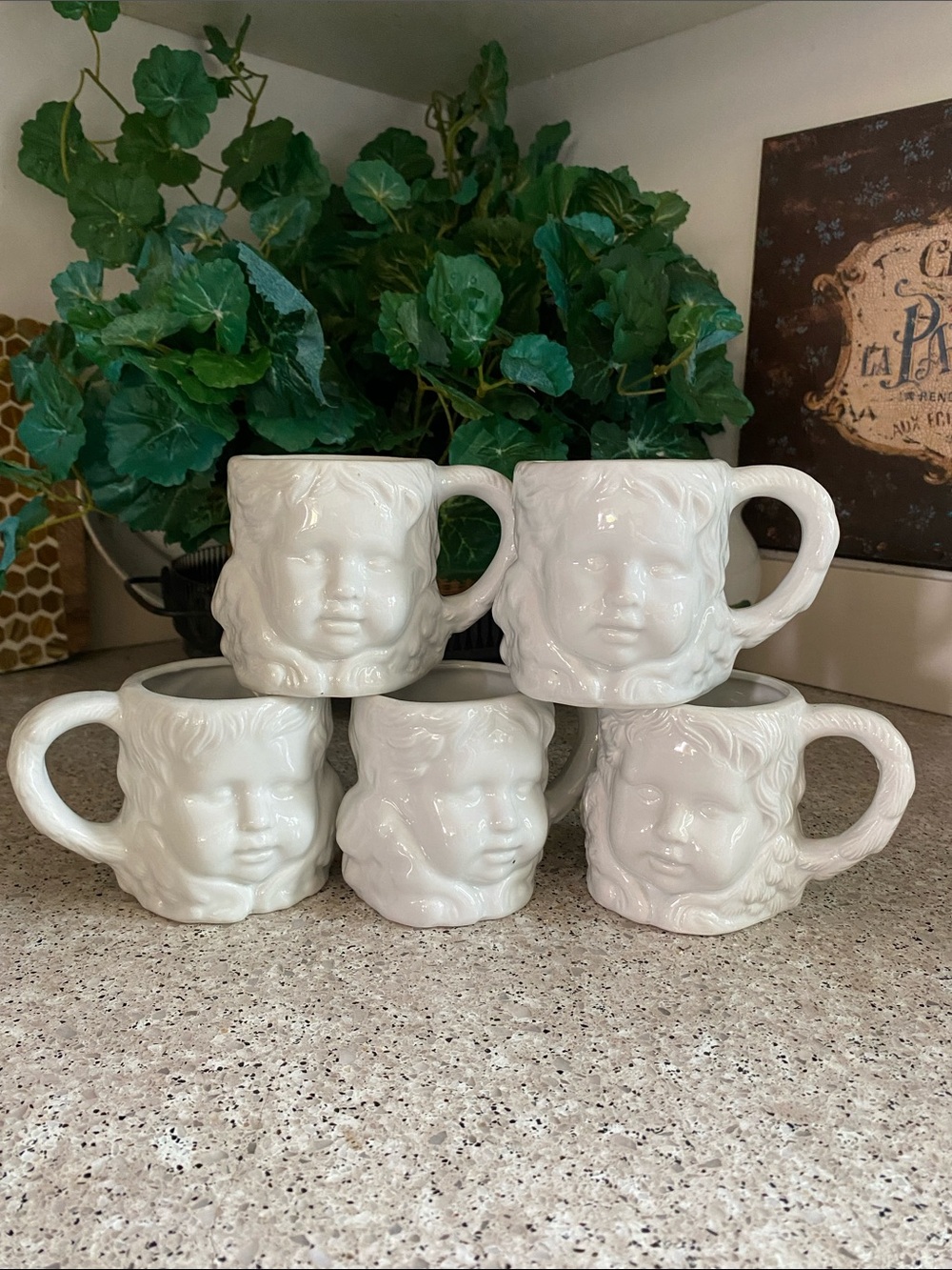 1996 NEW VINTAGE W/TAGS=5 “Double Faced" White Ceramic Cherub Mugs